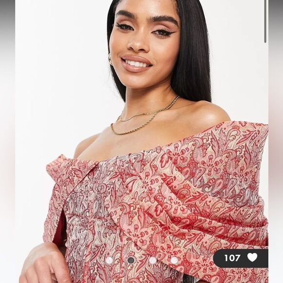 ASOS LUXE  red and gold off shoulder mini  dress size 10 - Picture 3 of 16